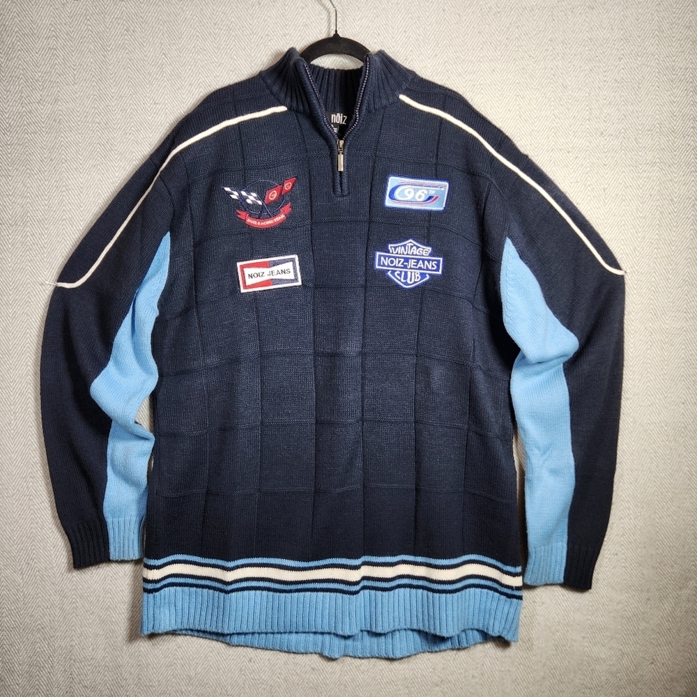 Noiz Racing Team Men's Navy and Light Blue Quarter Zip Heavy Weight Sweater